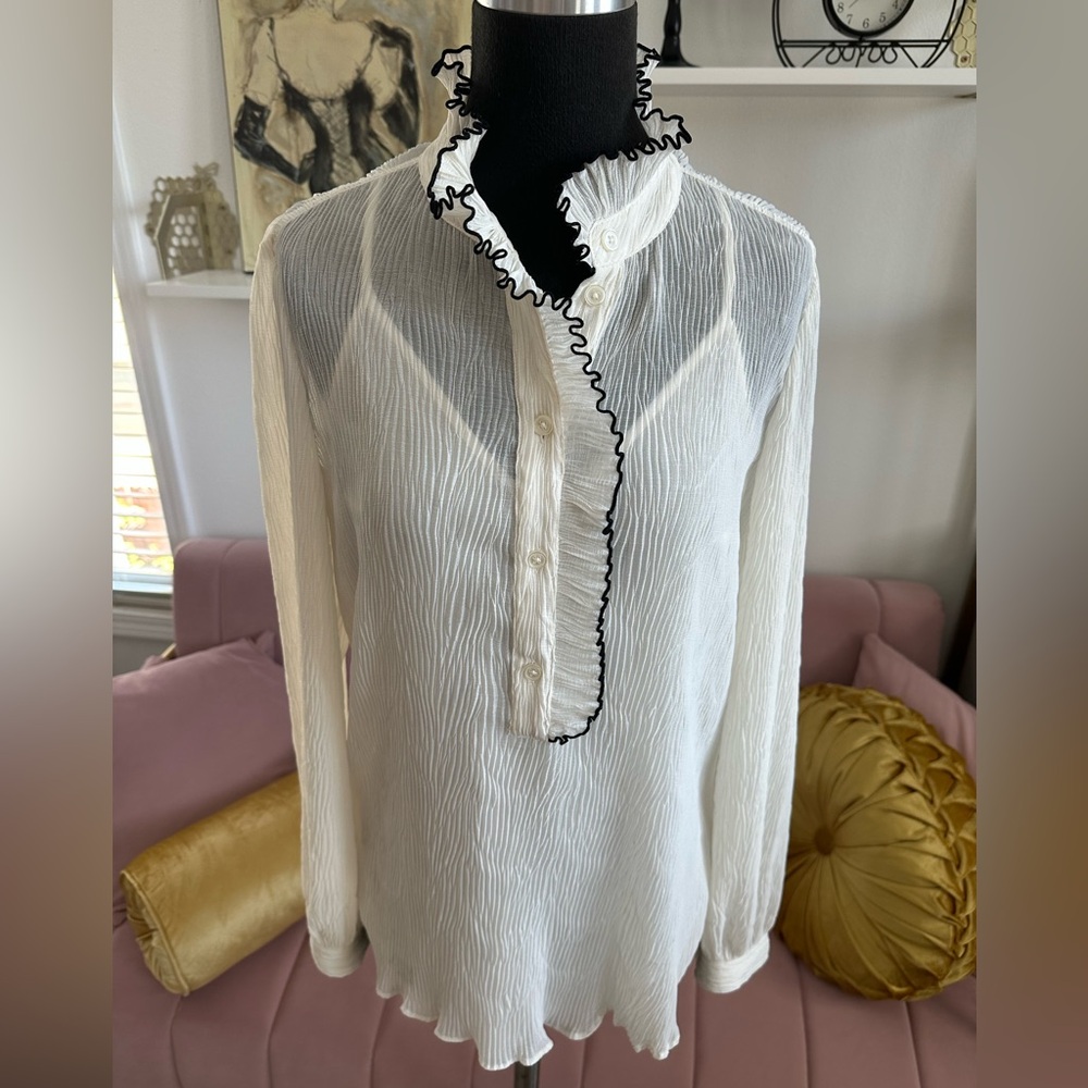 Tory Burch White Blouse with Black Trim Size 4